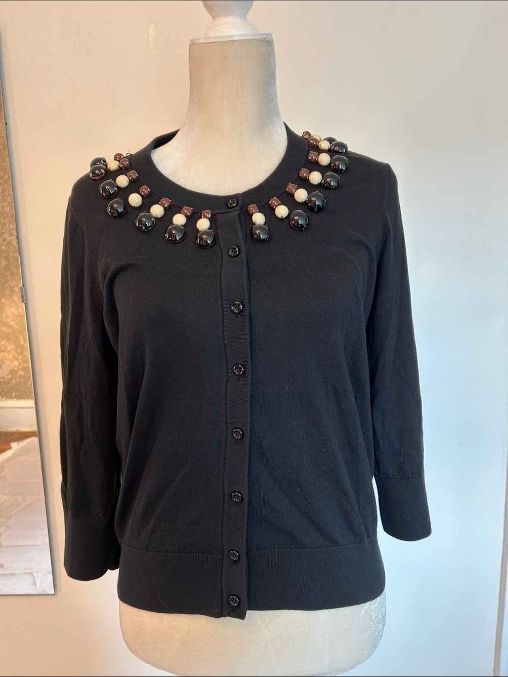 kate spade Black Embellished Crewneck Cardigan with Ivory and Brown Beads